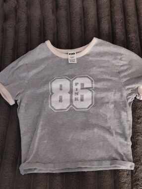 PINK Victoria's Secret Gray Ringer Tee with Cream Trim